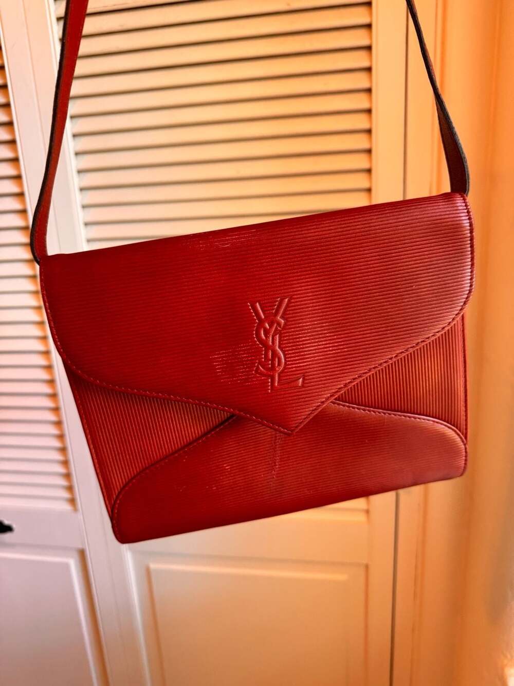 Vintage Yves Saint Laurent Red Leather Stripe Shoulder Bag